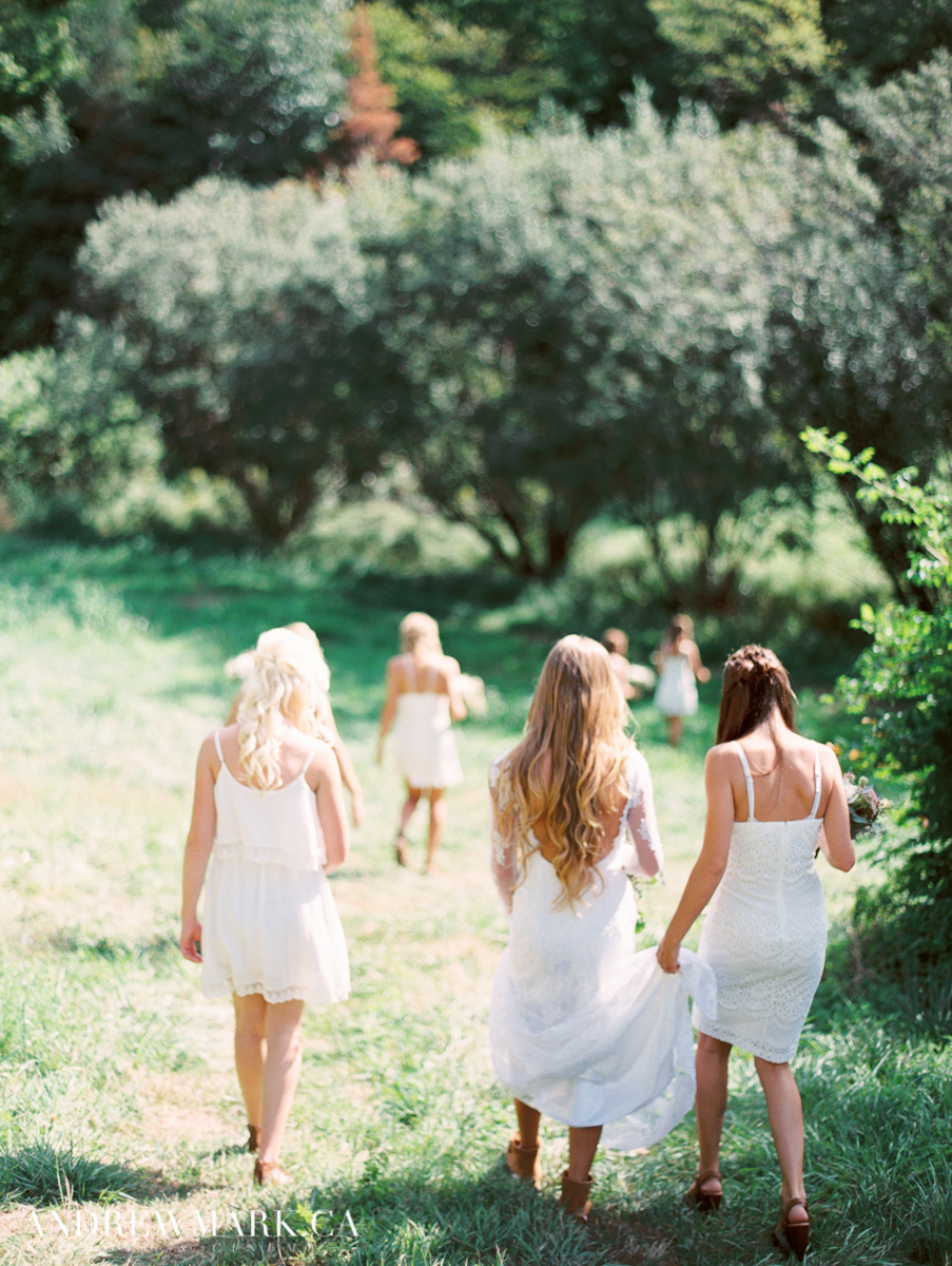 Bride and Bridesmaid descending grassy hill